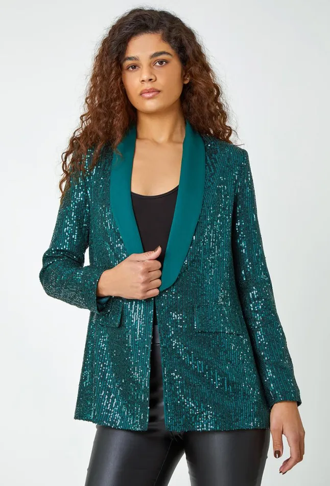 Emerald Sequin Contrast Collar Blazer Women Roman Jackets