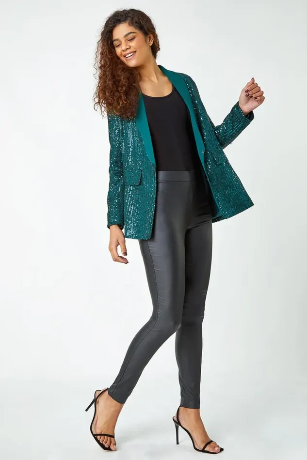 Emerald Sequin Contrast Collar Blazer Women Roman Jackets
