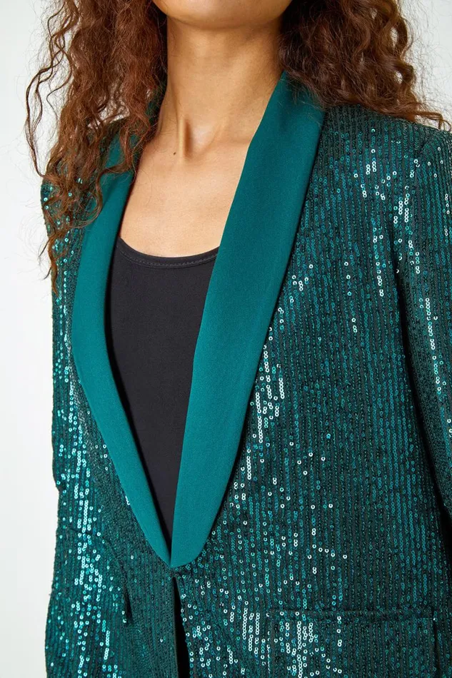 Emerald Sequin Contrast Collar Blazer Women Roman Jackets