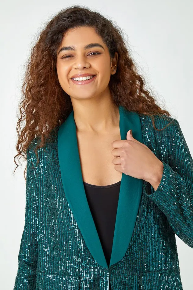 Emerald Sequin Contrast Collar Blazer Women Roman Jackets