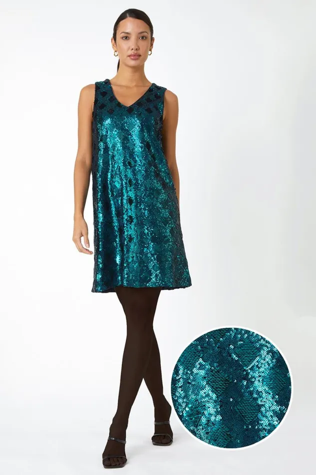 Emerald Sequin Diamond Print Swing Stretch Dress Women Roman Dresses