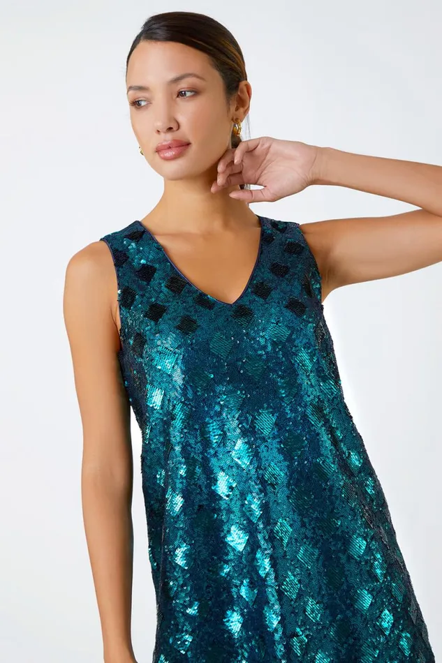 Emerald Sequin Diamond Print Swing Stretch Dress Women Roman Dresses