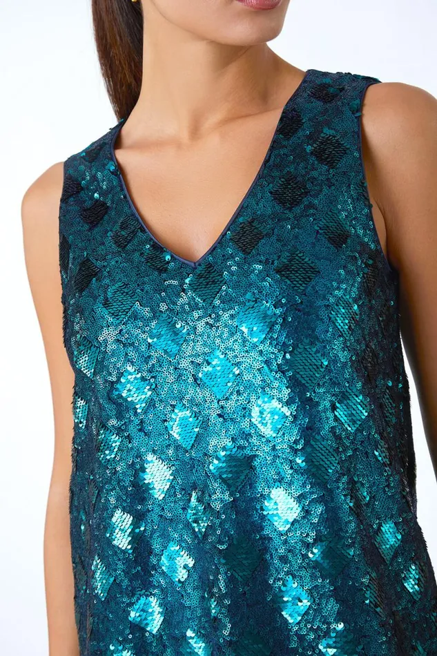Emerald Sequin Diamond Print Swing Stretch Dress Women Roman Dresses