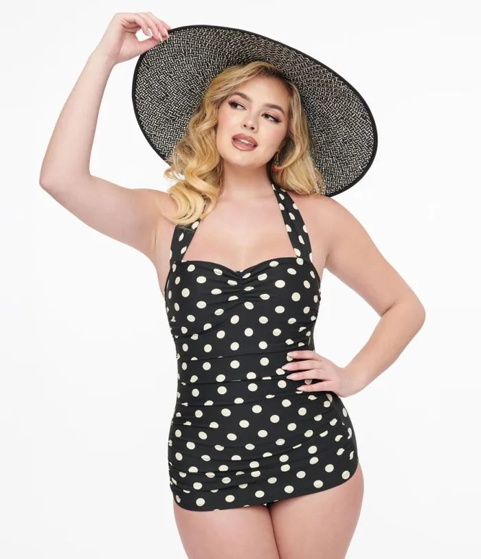 Esther Williams 1950s Black and White Polka Dot One Piece Swimsuit Plus Unique Vintage One Piece Swim Esther Williams 1950s Black and White Polka Dot One Piece Swimsuit Plus Unique Vintage One Piece Swim