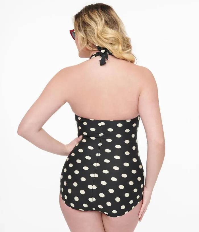 Esther Williams 1950s Black and White Polka Dot One Piece Swimsuit Plus Unique Vintage One Piece Swim
