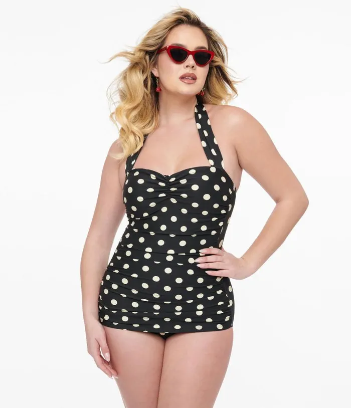 Esther Williams 1950s Black and White Polka Dot One Piece Swimsuit Plus Unique Vintage One Piece Swim