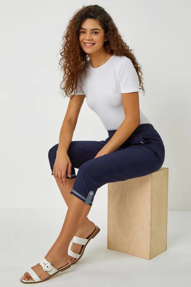 Eyelet Detail Elastic Waist Cropped Trouser Women Roman Trousers