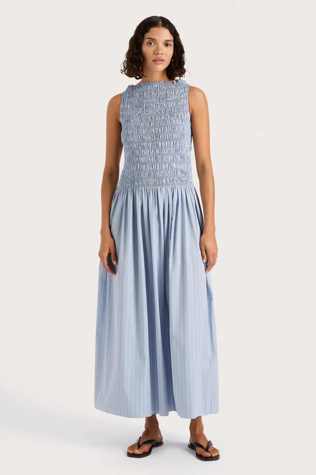Faithfull The Brand Midi Dresses Noa Midi Dress Blue Pinstripe 8211 Women