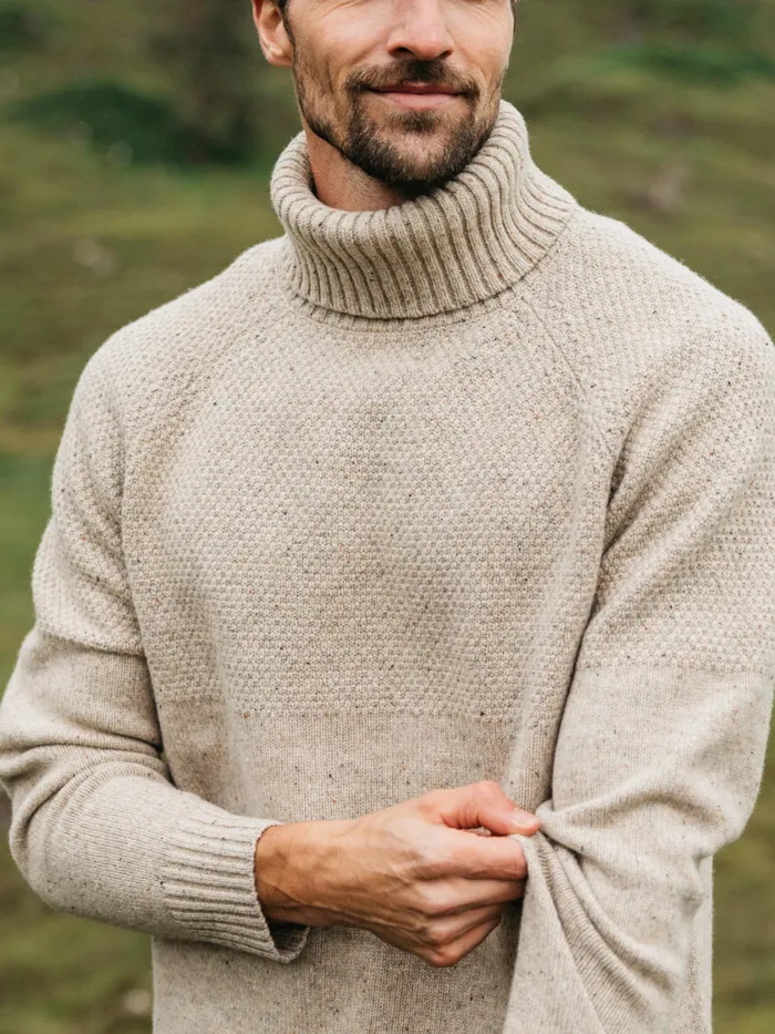 Finisterre Knitwear Men Fishermans Roll Neck Knit Sweater Oatmeal