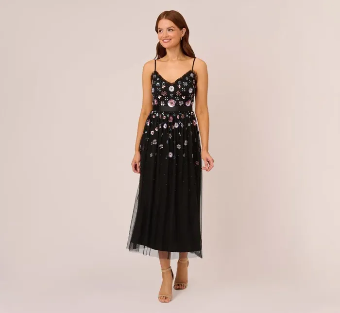 Floral Dresses Womens Adrianna Papell AnkleLength Gown With Multicolor Floral Beading In Black Multi Floral Dresses Womens Adrianna Papell AnkleLength Gown With Multicolor Floral Beading In Black Multi