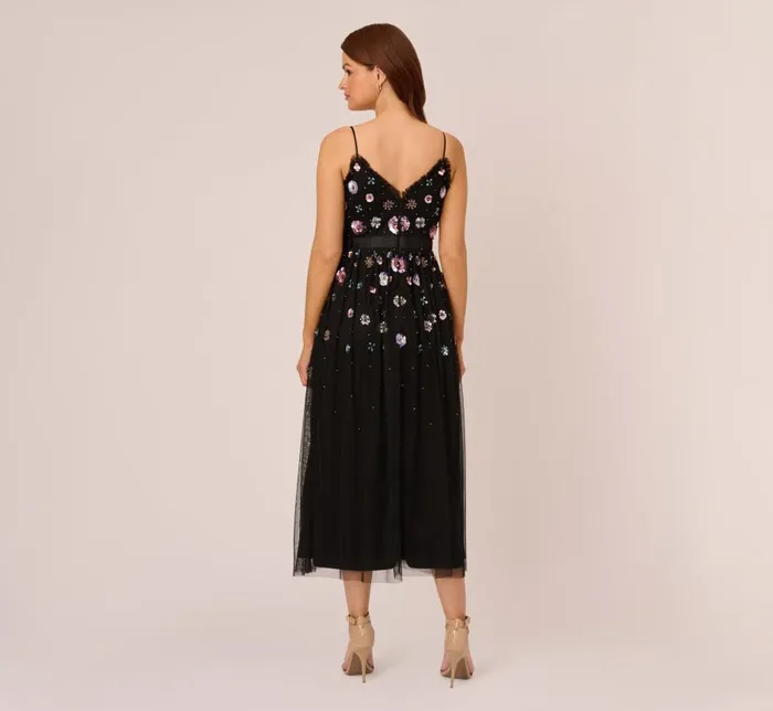 Floral Dresses Womens Adrianna Papell AnkleLength Gown With Multicolor Floral Beading In Black Multi