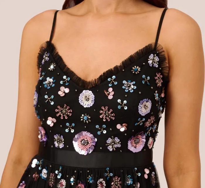 Floral Dresses Womens Adrianna Papell AnkleLength Gown With Multicolor Floral Beading In Black Multi