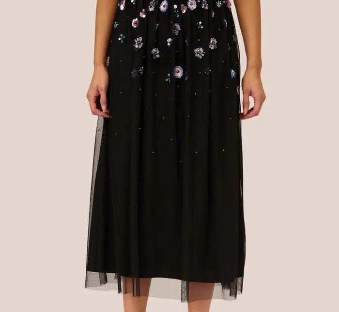 Floral Dresses Womens Adrianna Papell AnkleLength Gown With Multicolor Floral Beading In Black Multi