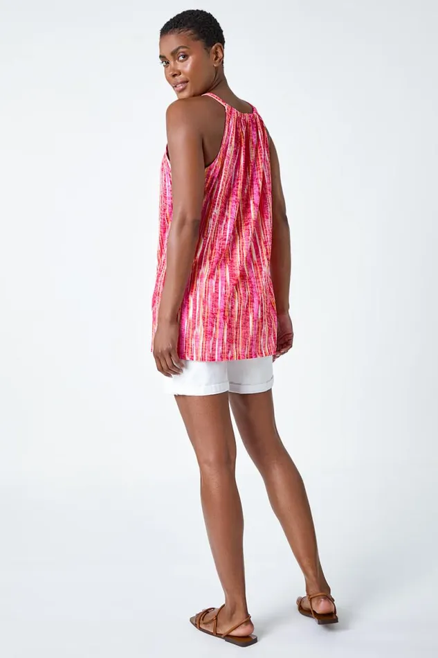 Fuchsia Abstract Print Halter Neck Top Women Roman Tops