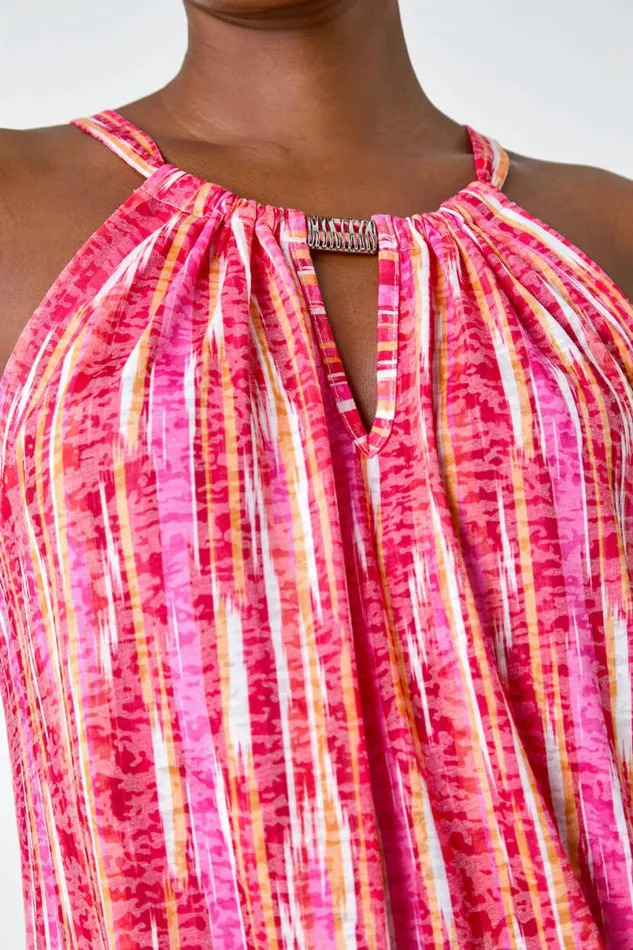 Fuchsia Abstract Print Halter Neck Top Women Roman Tops