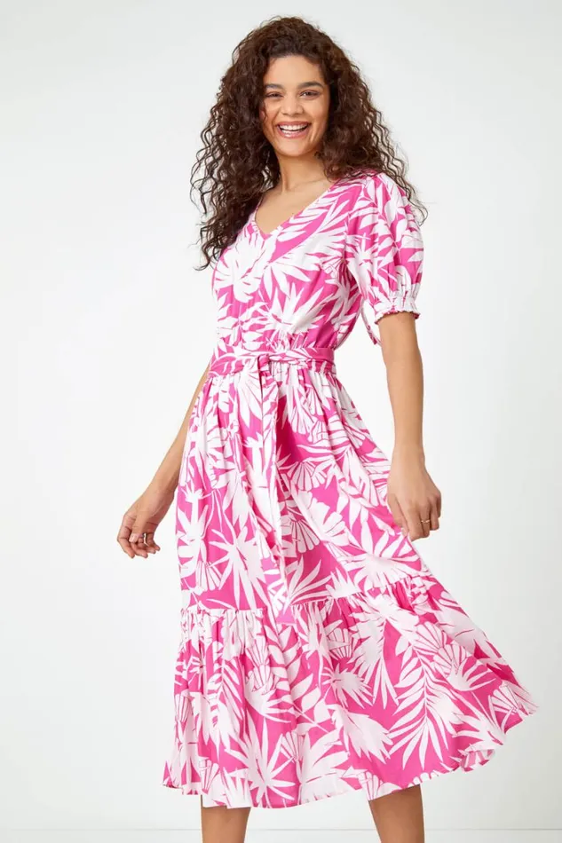 Fuchsia Cotton Floral Print Tiered Midi Dress Women Roman Dresses