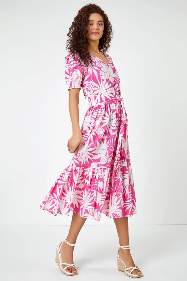 Fuchsia Cotton Floral Print Tiered Midi Dress Women Roman Dresses