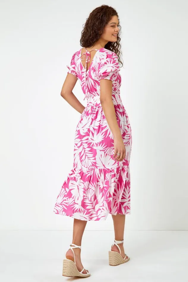 Fuchsia Cotton Floral Print Tiered Midi Dress Women Roman Dresses