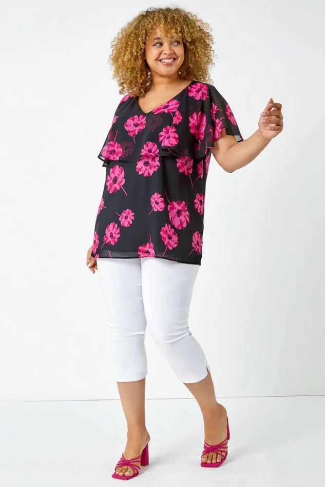 Fuchsia Curve Floral Chiffon Overlay Top Women Roman Tops