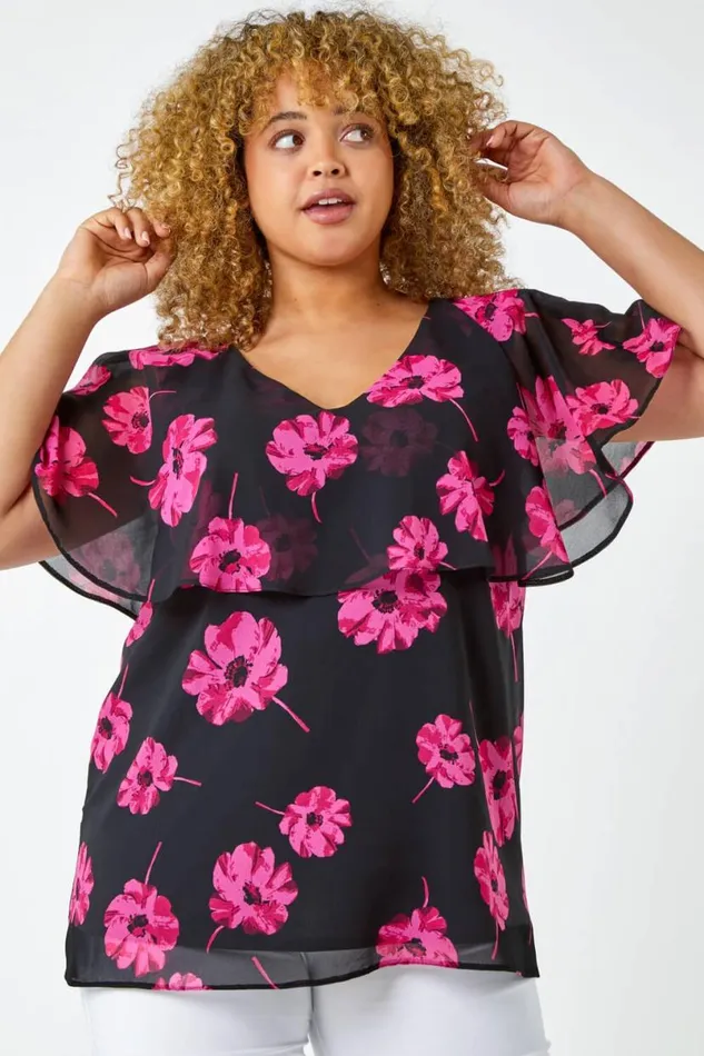 Fuchsia Curve Floral Chiffon Overlay Top Women Roman Tops