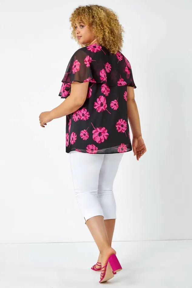 Fuchsia Curve Floral Chiffon Overlay Top Women Roman Tops