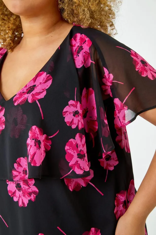 Fuchsia Curve Floral Chiffon Overlay Top Women Roman Tops