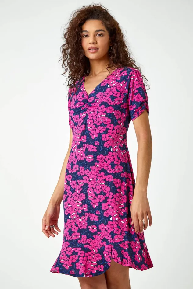 Fuchsia Floral Print Stretch Jersey Tea Dress Women Roman Dresses