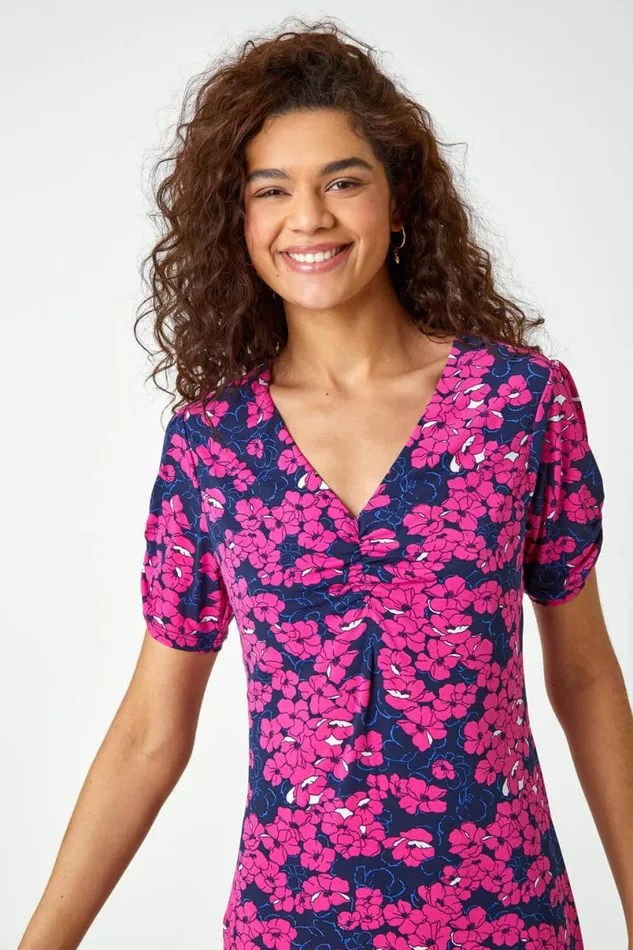 Fuchsia Floral Print Stretch Jersey Tea Dress Women Roman Dresses