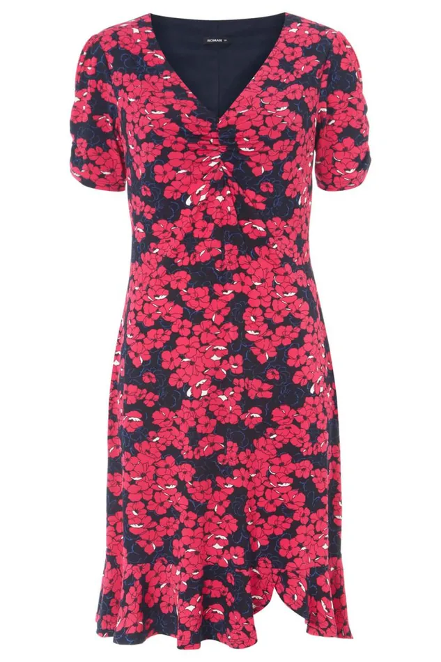 Fuchsia Floral Print Stretch Jersey Tea Dress Women Roman Dresses