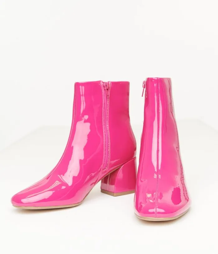 Fuchsia Patent Leatherette Booties Shoes Unique Vintage Boots