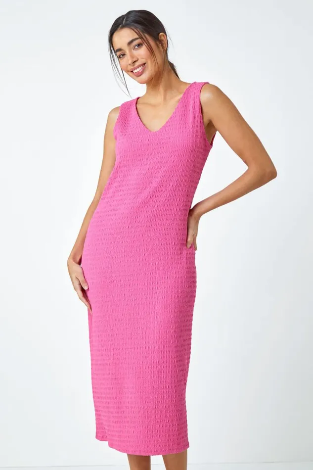 Fuchsia Sleeveless Textured Midi Stretch Dress Women Roman Dresses
