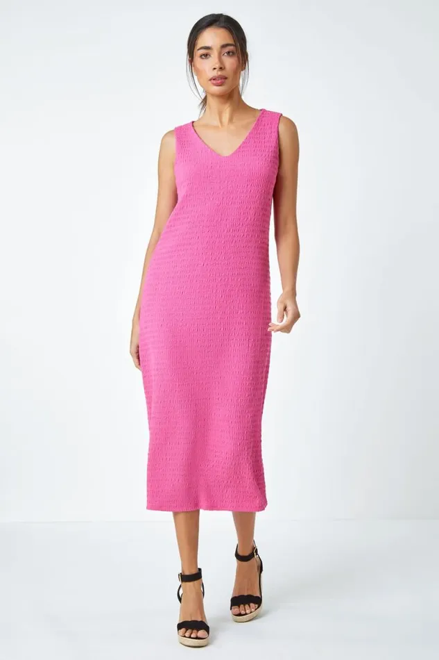 Fuchsia Sleeveless Textured Midi Stretch Dress Women Roman Dresses