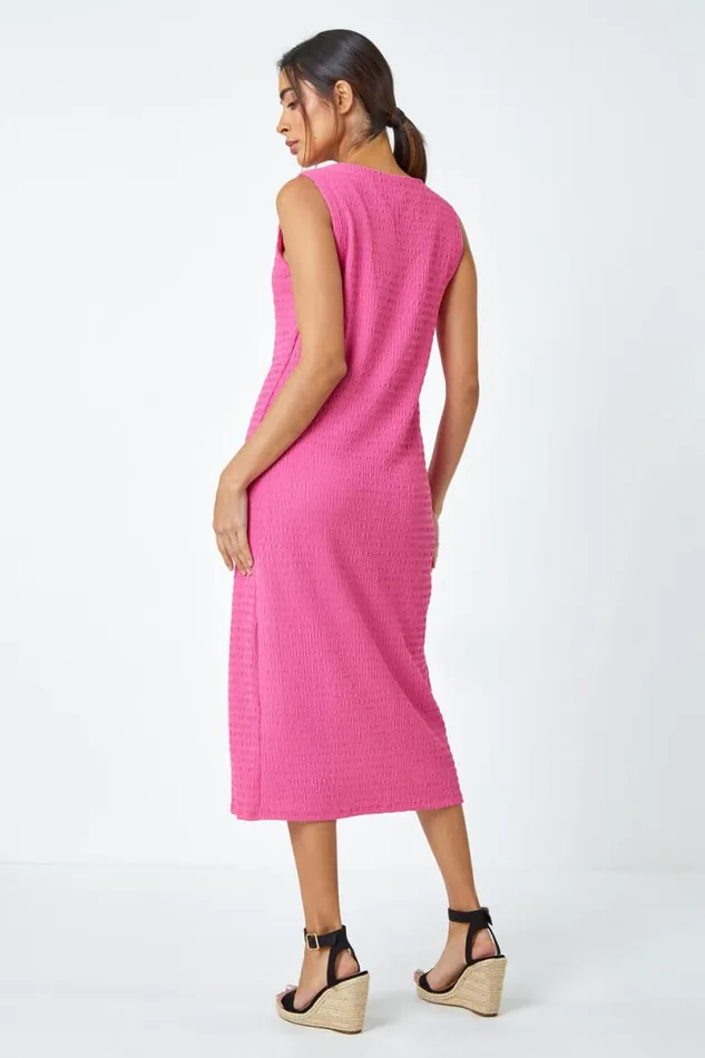 Fuchsia Sleeveless Textured Midi Stretch Dress Women Roman Dresses