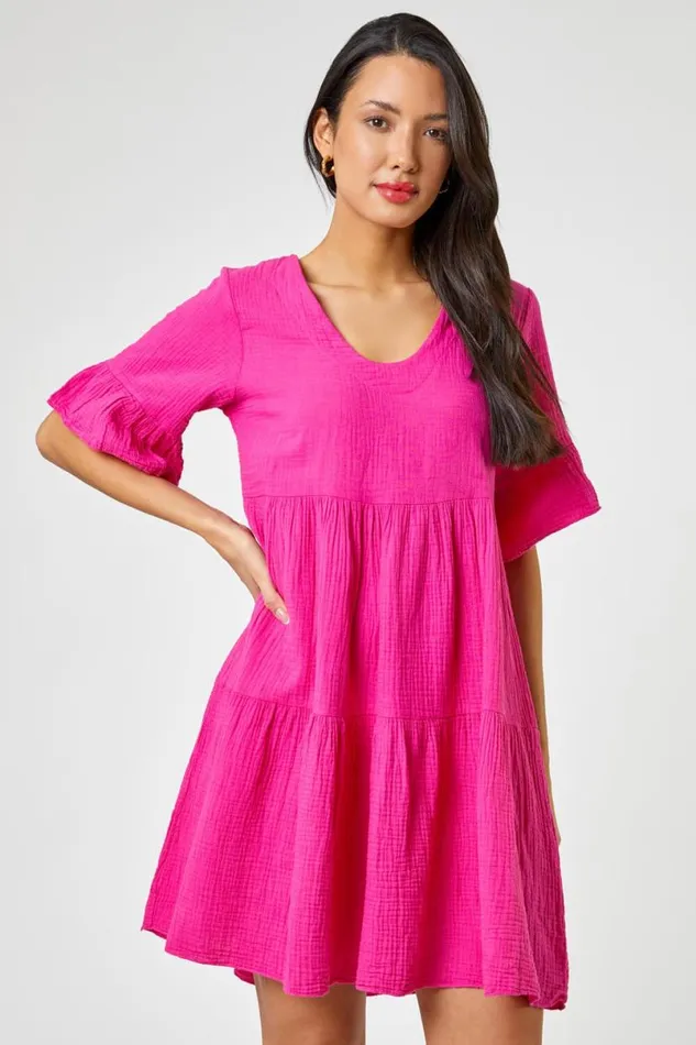 Fuchsia Textured Tiered Smock Dress Women Roman Dresses