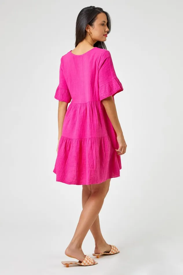 Fuchsia Textured Tiered Smock Dress Women Roman Dresses