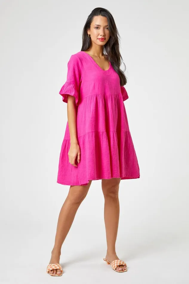 Fuchsia Textured Tiered Smock Dress Women Roman Dresses