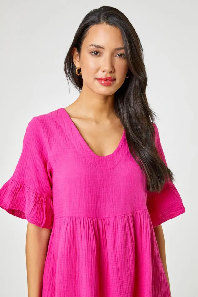 Fuchsia Textured Tiered Smock Dress Women Roman Dresses