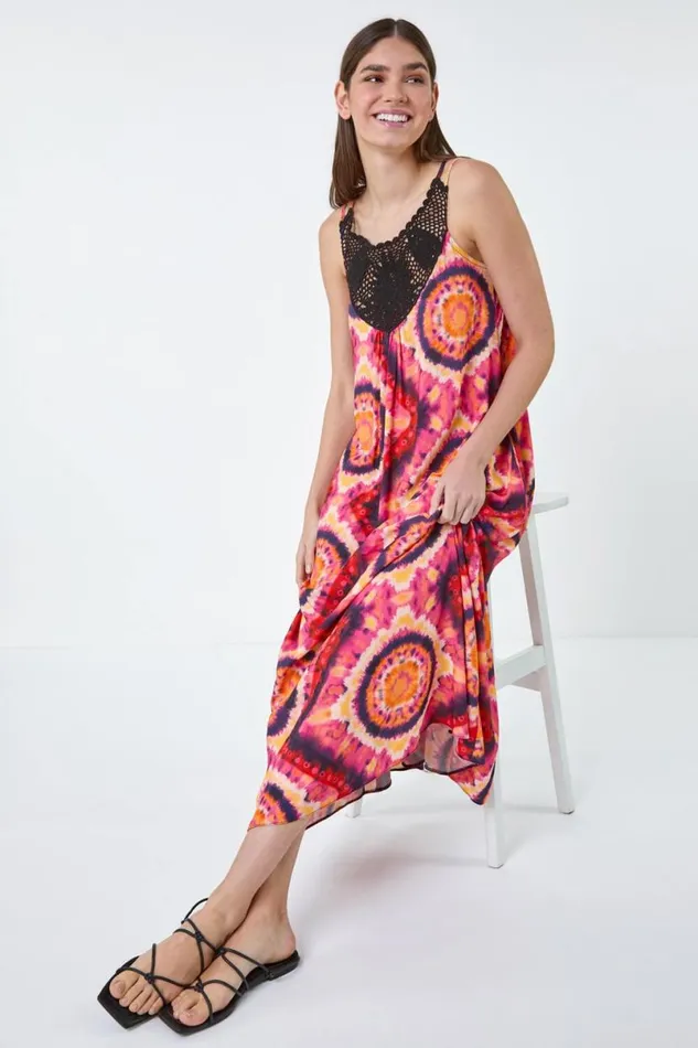 Fuchsia Tie Dye Crochet Detail Pocket Midi Dress Women Roman Dresses