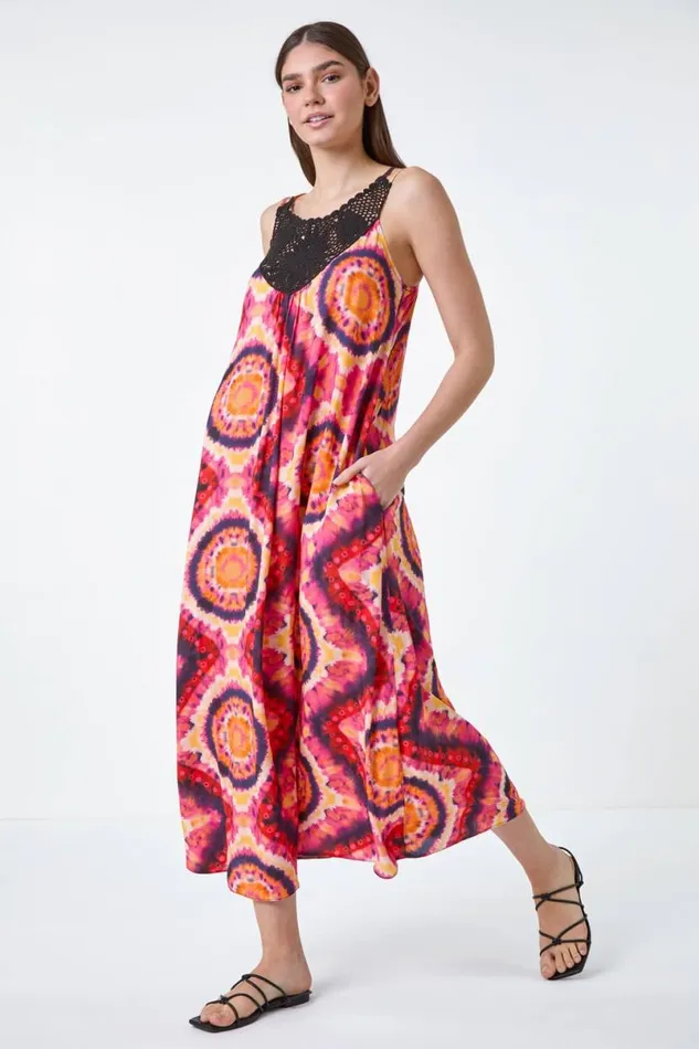 Fuchsia Tie Dye Crochet Detail Pocket Midi Dress Women Roman Dresses