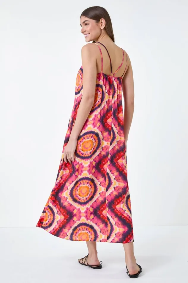 Fuchsia Tie Dye Crochet Detail Pocket Midi Dress Women Roman Dresses