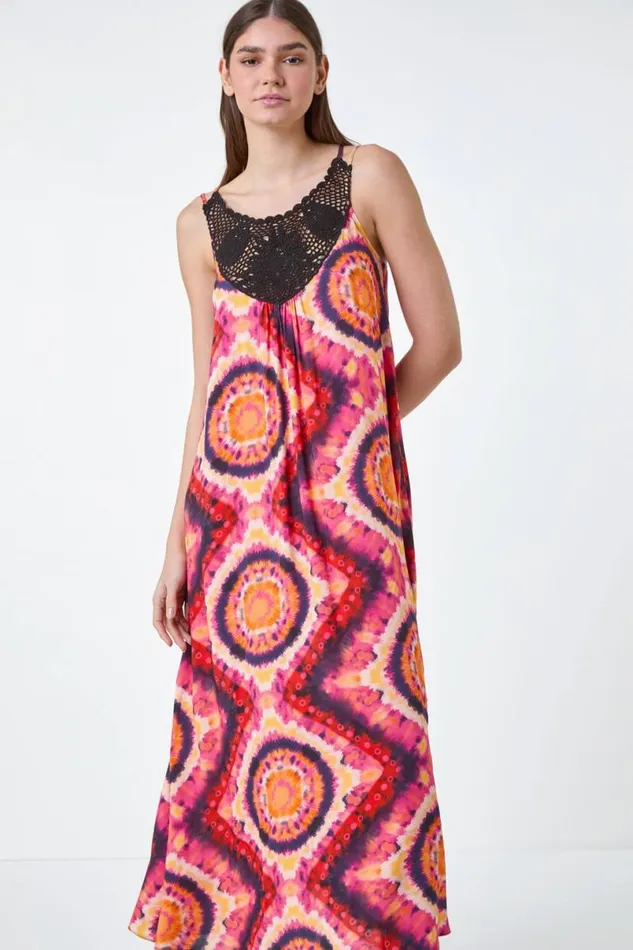 Fuchsia Tie Dye Crochet Detail Pocket Midi Dress Women Roman Dresses