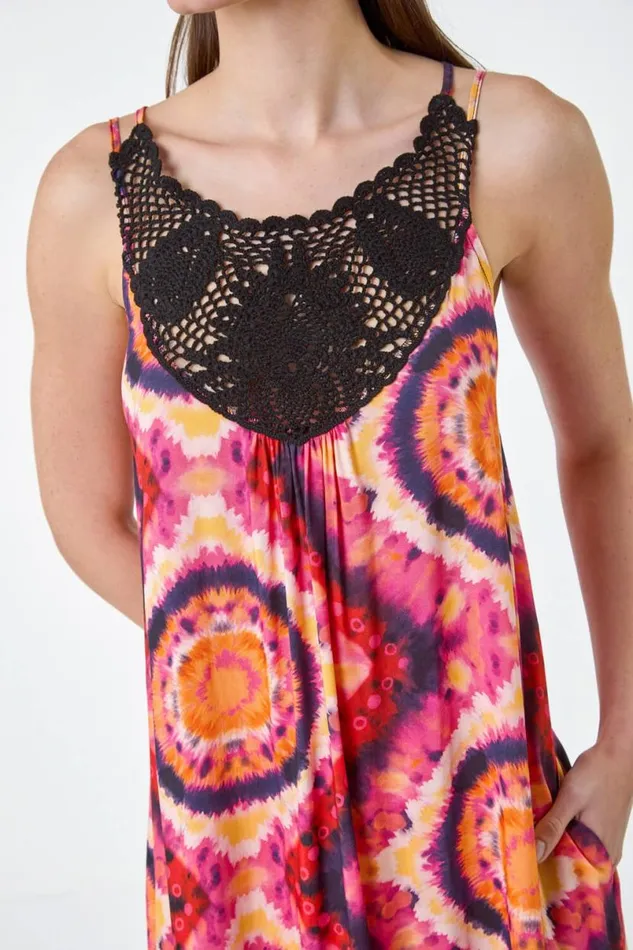 Fuchsia Tie Dye Crochet Detail Pocket Midi Dress Women Roman Dresses