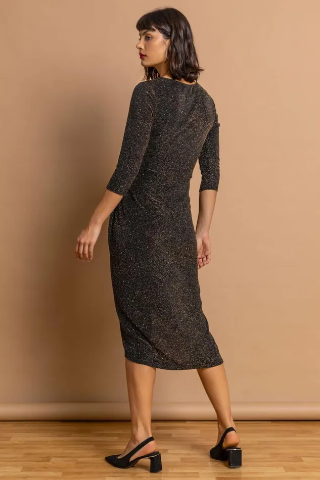 Gold Fitted Sparkle Twist Front Ruched Dress Women Roman Dresses
