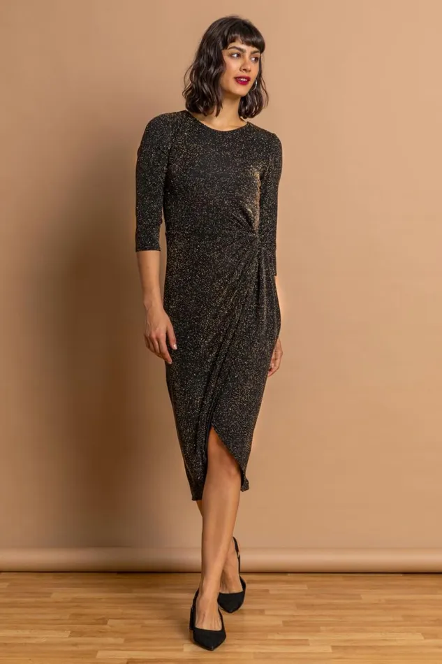Gold Fitted Sparkle Twist Front Ruched Dress Women Roman Dresses