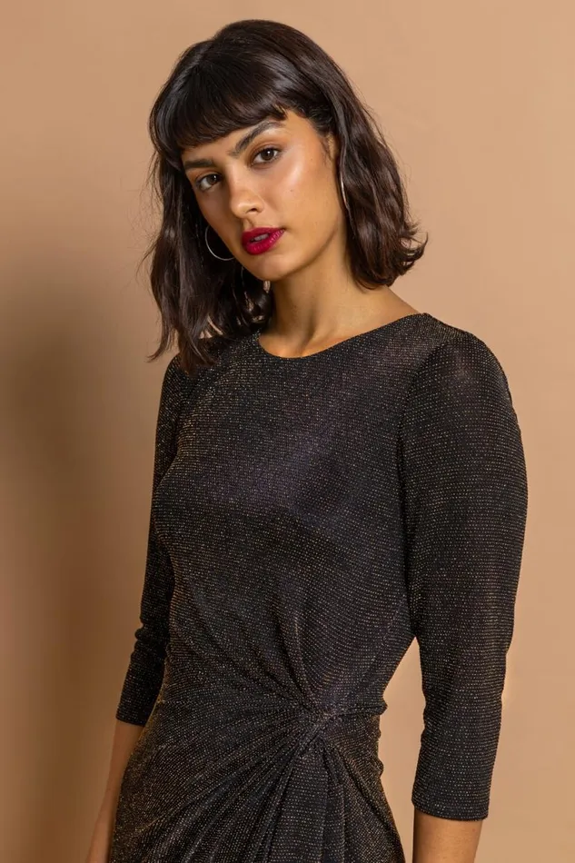 Gold Fitted Sparkle Twist Front Ruched Dress Women Roman Dresses