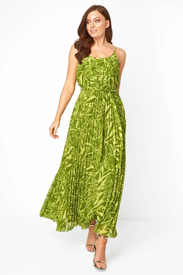 Green Abstract Print Pleated Maxi Dress Women Roman Dresses