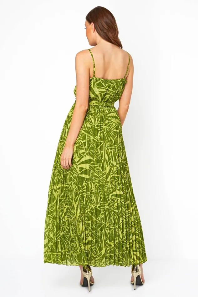 Green Abstract Print Pleated Maxi Dress Women Roman Dresses