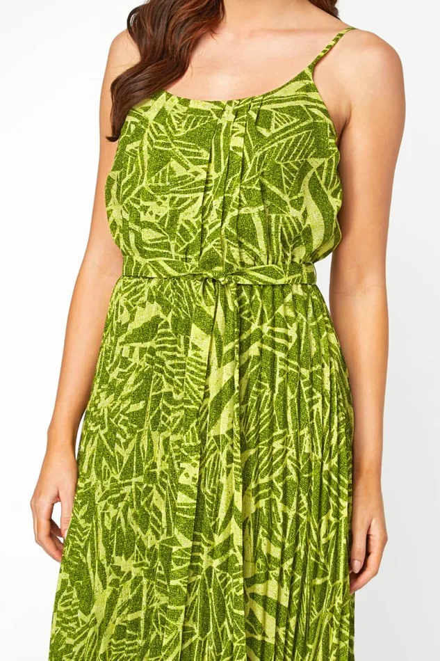 Green Abstract Print Pleated Maxi Dress Women Roman Dresses