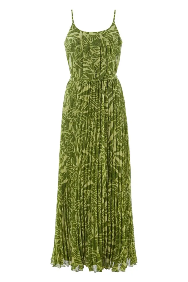 Green Abstract Print Pleated Maxi Dress Women Roman Dresses