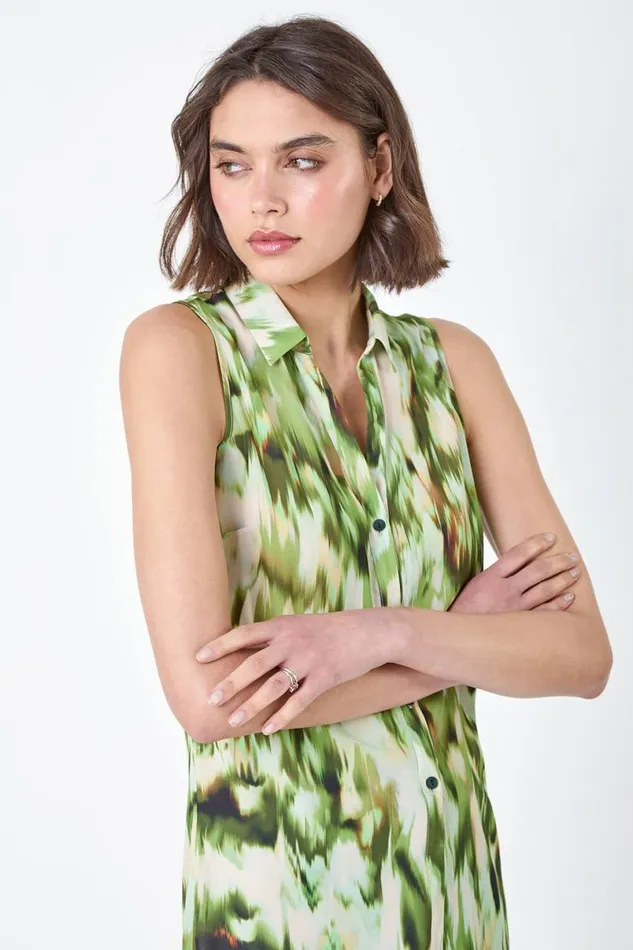 Green Abstract Sleeveless Button Chiffon Blouse Women Roman Tops